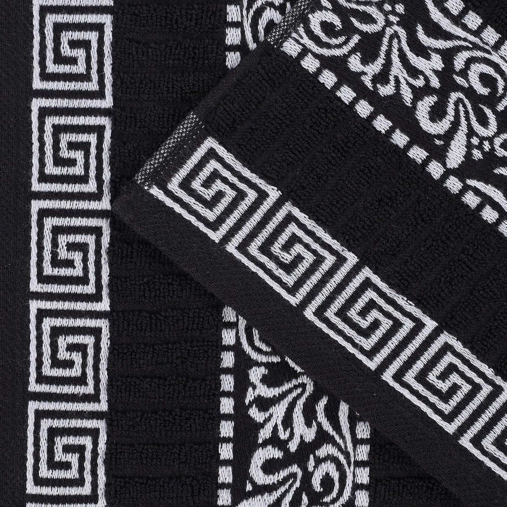 Superior 6-Piece Cotton Towel Set, Decorative Greek Pattern, Home Essentials, Absorbent Towels, Bathroom Decor, Spa, Resort, Includes 2 Hand, 2 Face and 2 Bath Towels, Athens Collection, Black-White