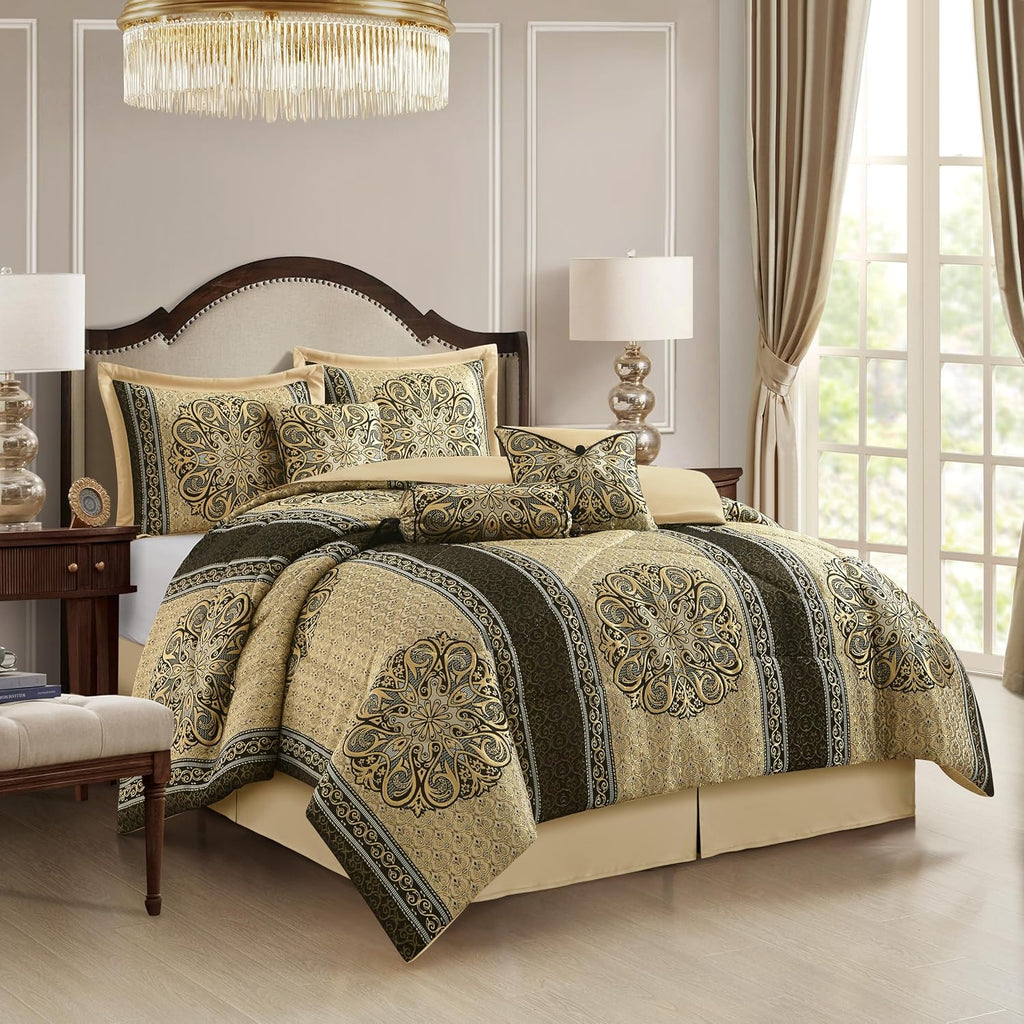 Grand Avenue Medallion 7 Piece Black Gold Comforter Set, King Size Jacquard Bedding, All Season Bedding Set, Bed Skirt, Pillows & Shams