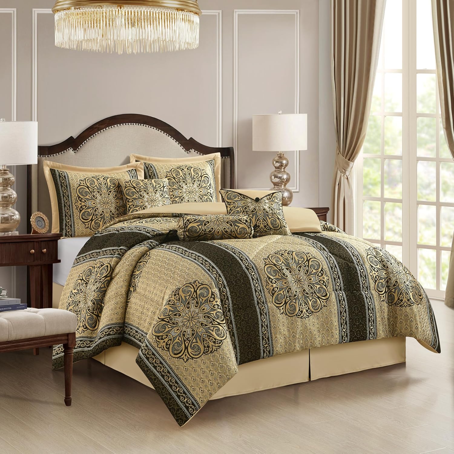 Grand Avenue Medallion 7 Piece Black Gold Comforter Set, King Size Jacquard Bedding, All Season Bedding Set, Bed Skirt, Pillows & Shams