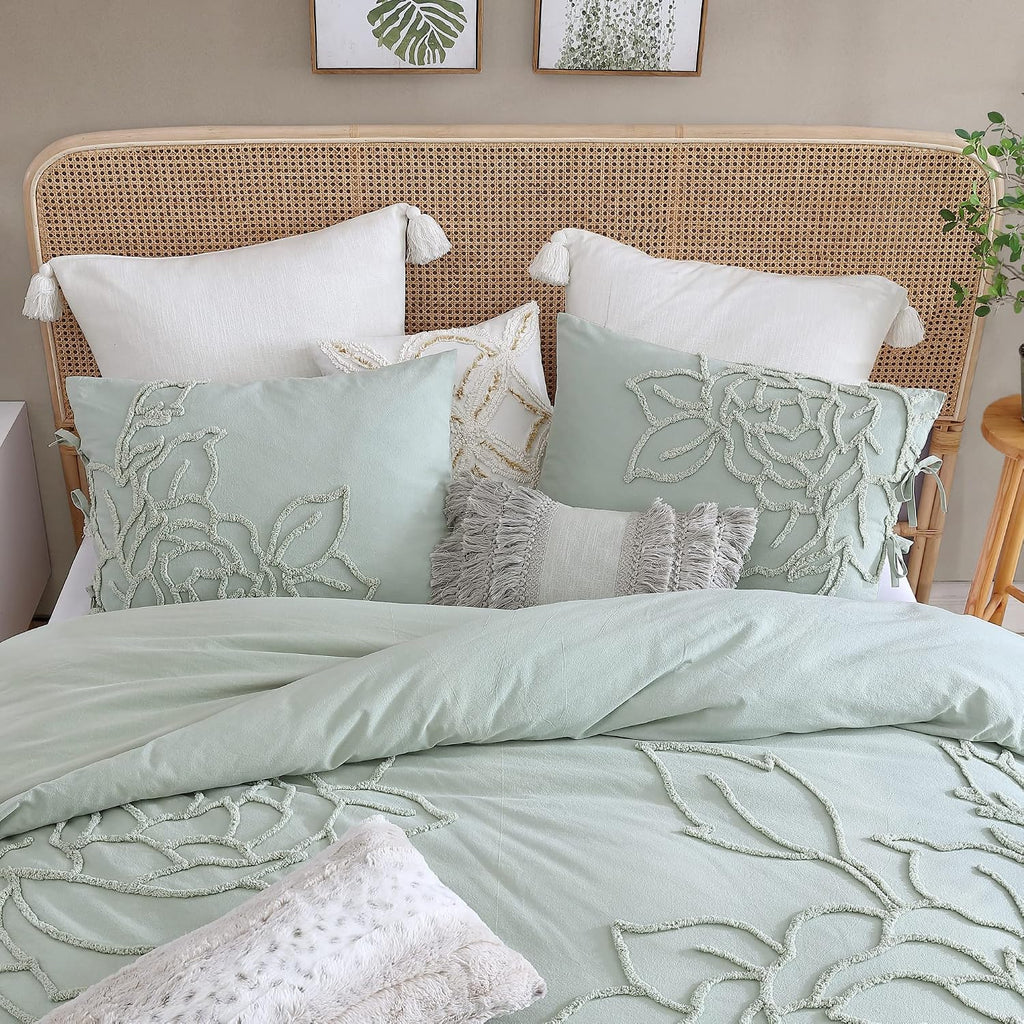 Peri Home 100% Cotton 3-Piece Sage Comforter and Sham Set, Green Chenille Rose, Full/Queen