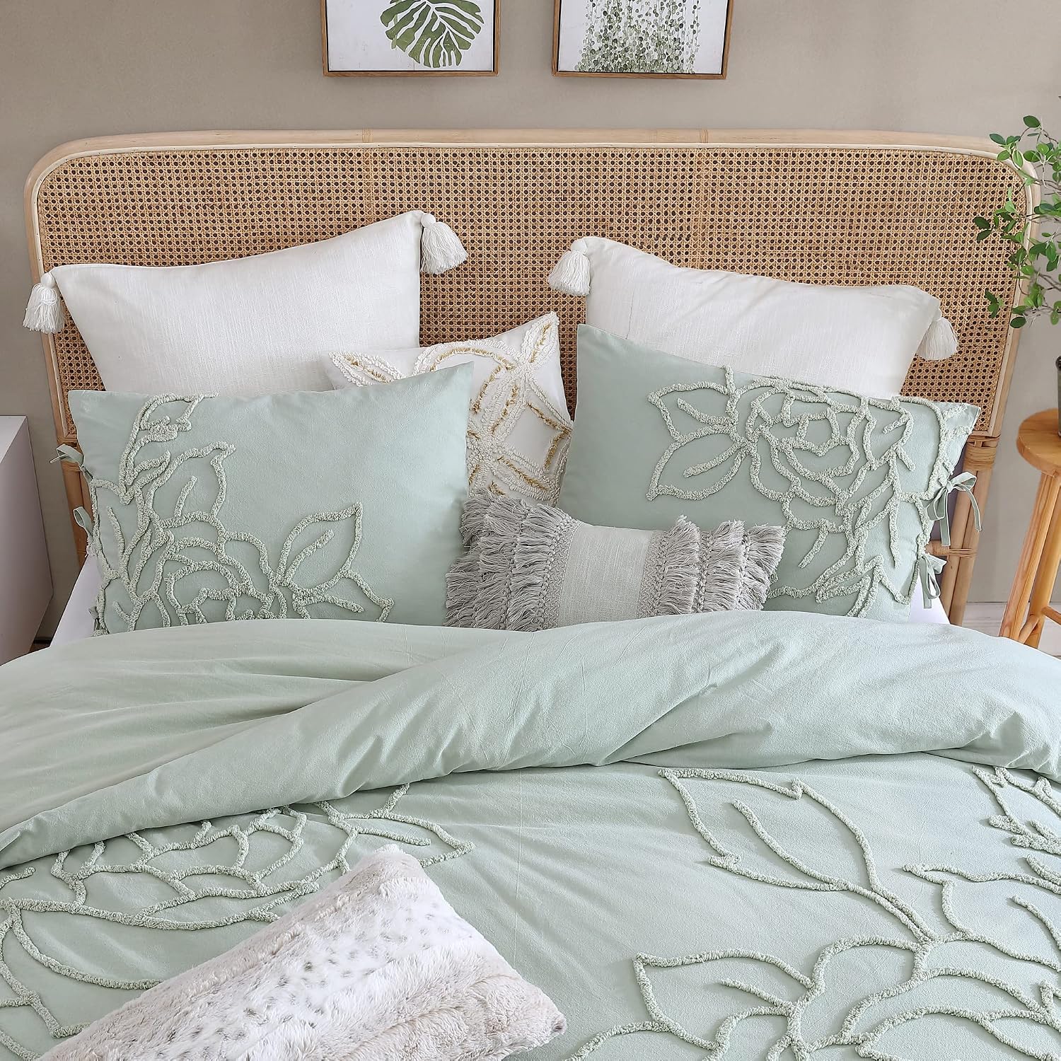 Peri Home 100% Cotton 3-Piece Sage Comforter and Sham Set, Green Chenille Rose, Full/Queen