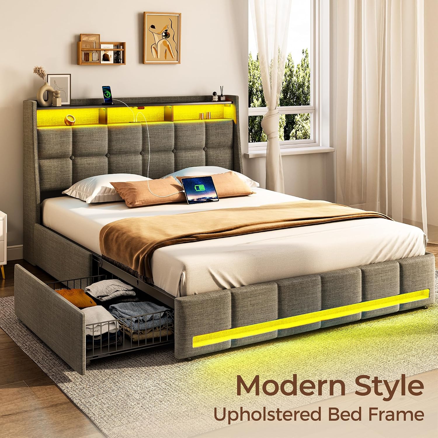 Rolanstar Queen Size Bed Frame with RGB LED Lights & Charging Station, Upholstered Storage Headboard with 4 Drawers, Heavy Duty Metal Frame, No Box Spring Needed, Easy Assembly