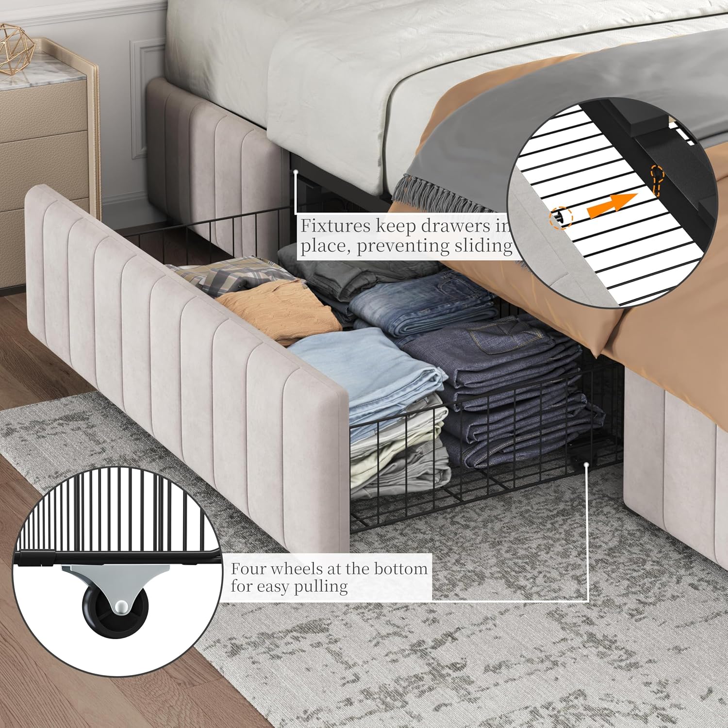Yaheetech Queen Bed Frame Upholstered Platform Bed with 3 Storage Drawers, Large Storage Space/Strong Wooden Slats/Non-Slip and Noise-Free/No Fixed Headboard/No Box Spring Needed/Beige Queen Bed
