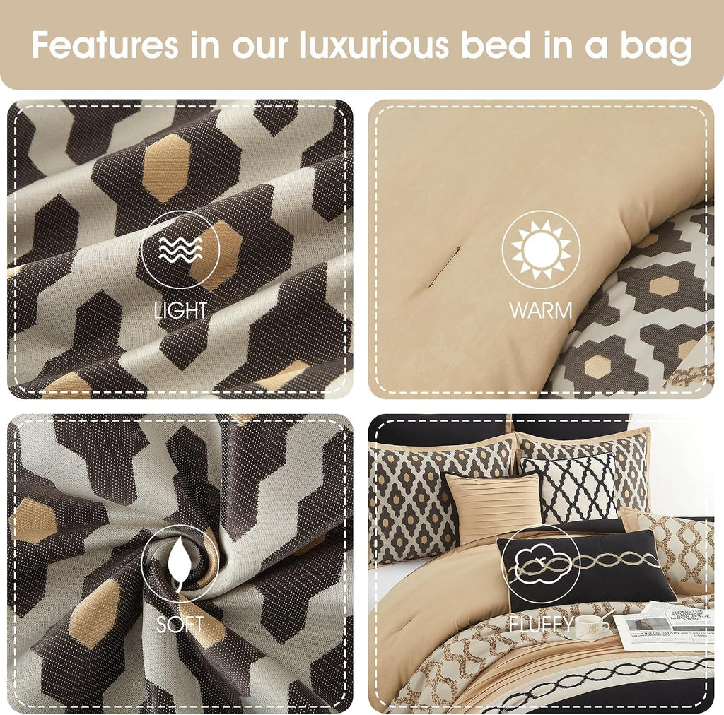 Grand Avenue Black Gold Queen Comforter Set, 10 Piece, Jacquard Bedding Comforters & Sets, Matching Bedskirt, Pillows & Shams, Ultra-Soft