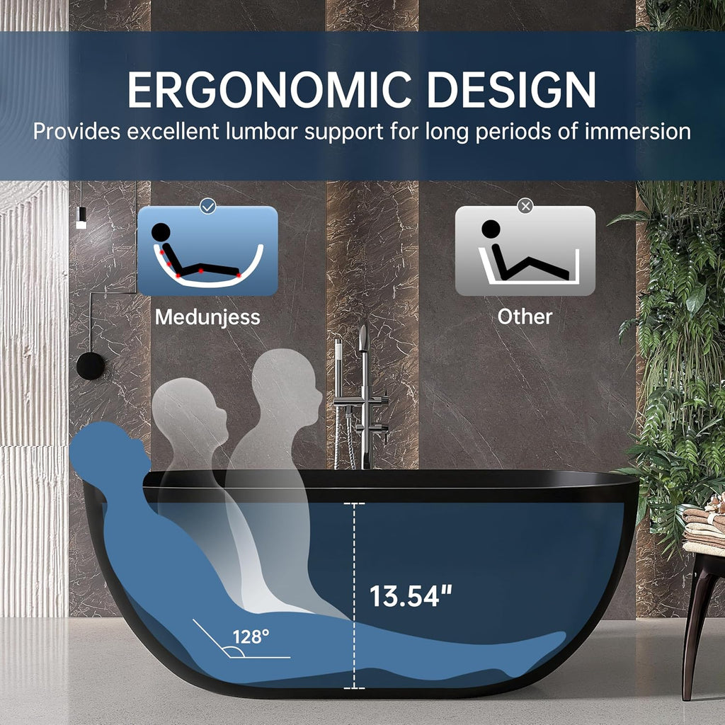59'' Resin Stone Freestanding Bathtub, Matte Black Soaking Tub Solid Surface Modern Tubs with Overflow and Pop-up Drain in