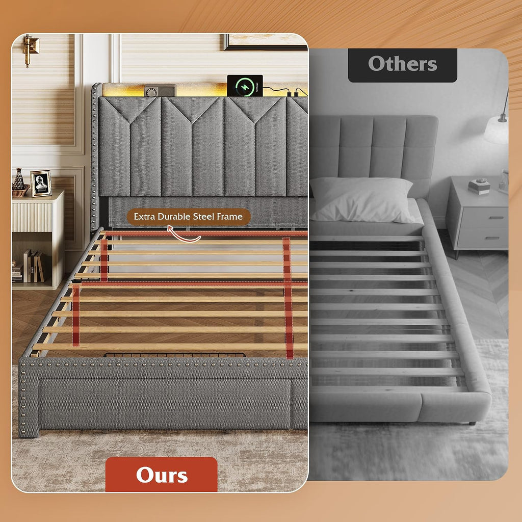 WLIVE King Size Upholstered Bed Frame with 2 Drawers, Storage Headboard Platform Bed with Charging Station and LED Light, Sturdy Metal & Wooden Slats Support, No Box Spring Needed, Light Grey