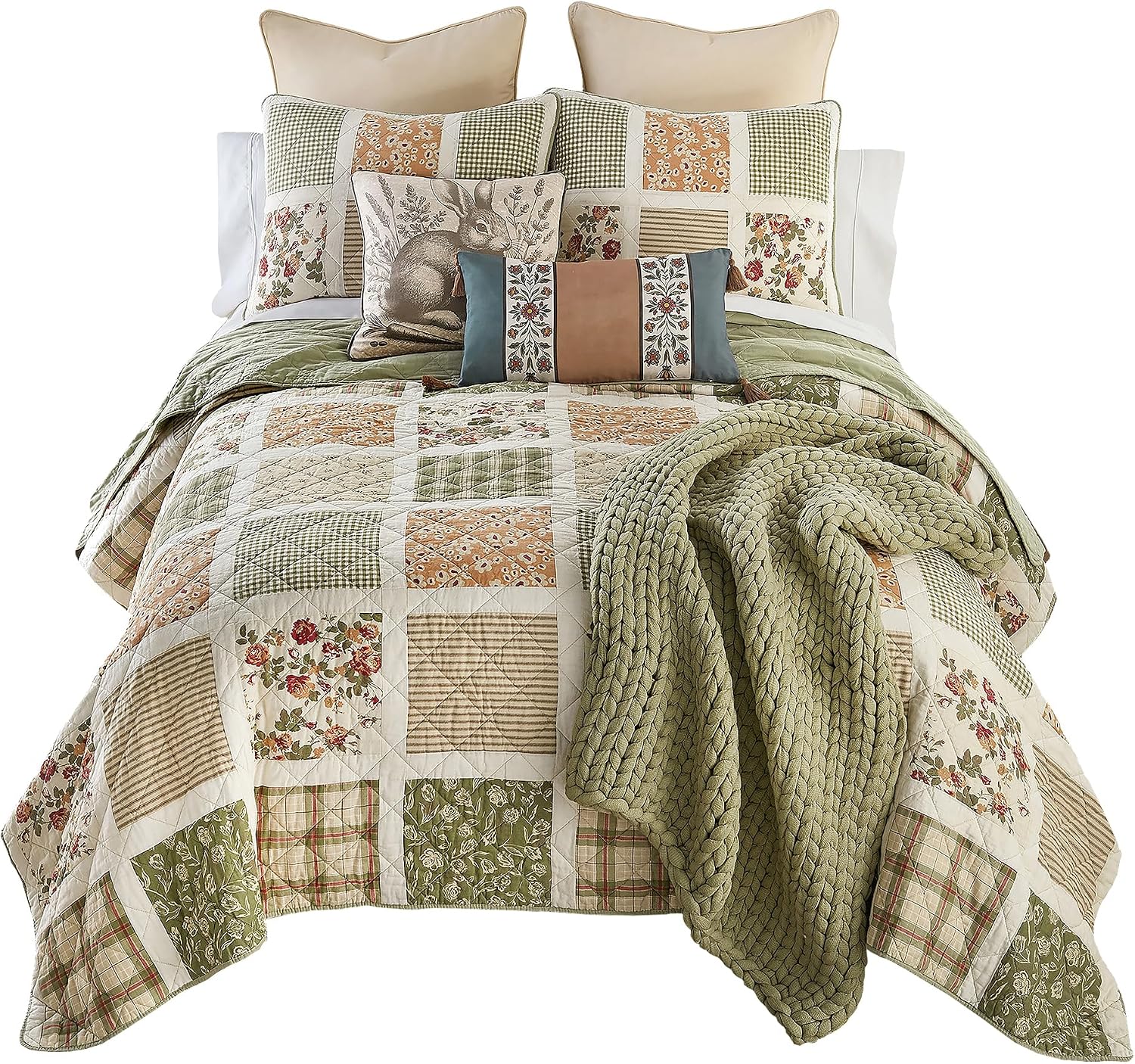 Donna Sharp Peach Rose Summer Cotton Quilted Bedding Set - 3-Piece Queen Size Quilt Set - Includes 1 Quilt and 2 Standard Pillow Shams - Machine Washable - Traditional Floral Design