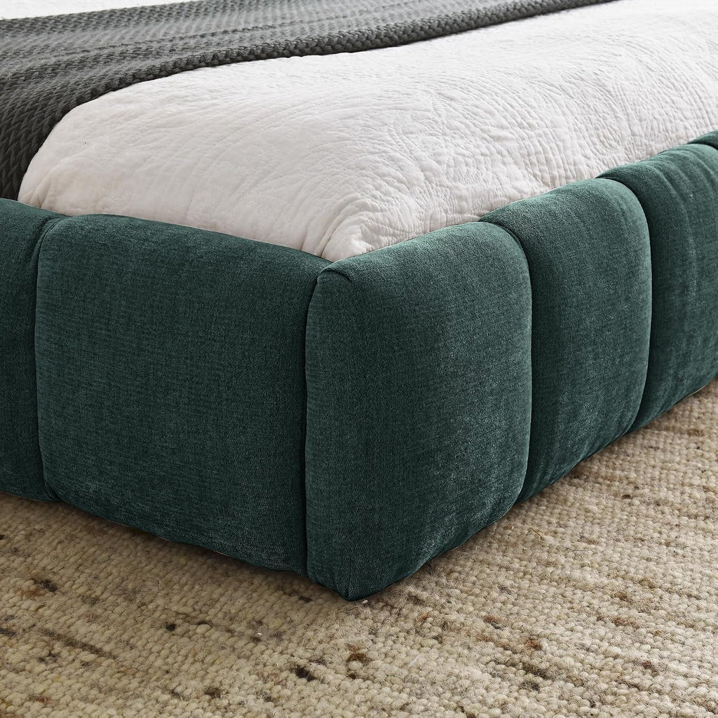 extrasleep Queen Size Soft Cloud Bed Frame, Chenille Upholstered Platform Beds with Thick Headboard, Queen Floor Bed with Solid Wood Frame, No Box Spring Needed, Easy Assembly, Green