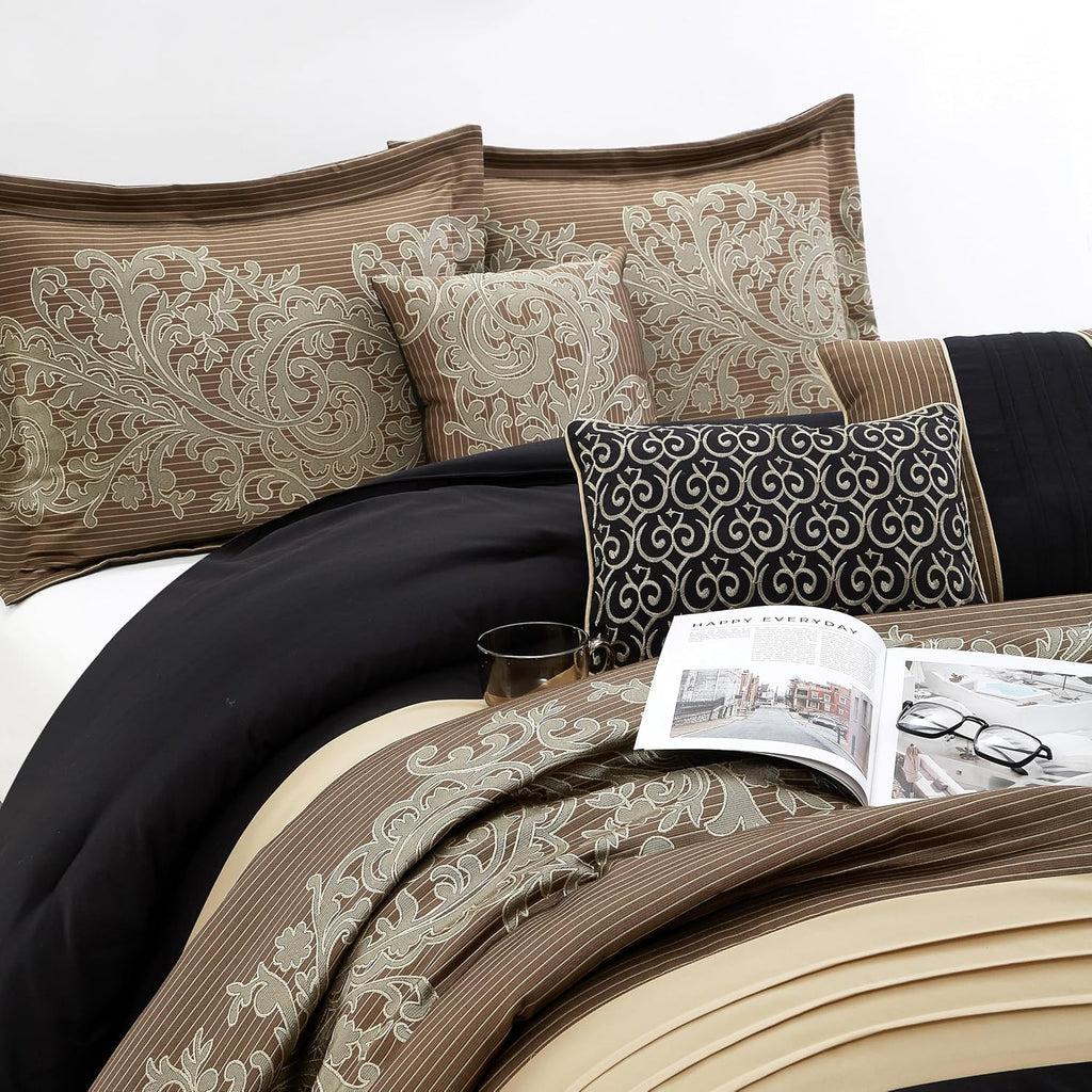 Grand Avenue Black/Gold Cal King Comforter Set, 7 Piece, Bedding Sets & Collections, Pillow Shams Bedskirt, Jacquard Comforters, All Season