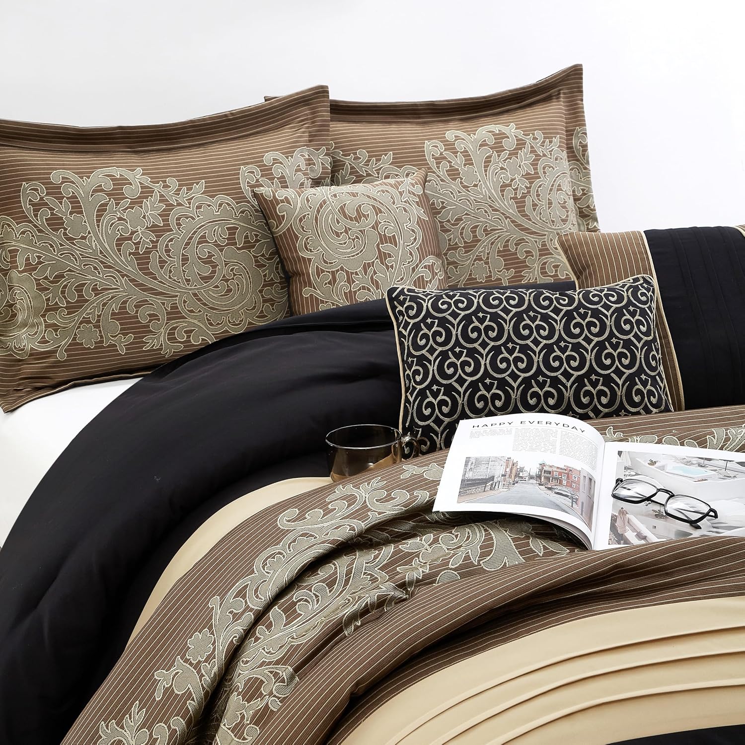 Grand Avenue Black/Gold Cal King Comforter Set, 7 Piece, Bedding Sets & Collections, Pillow Shams Bedskirt, Jacquard Comforters, All Season