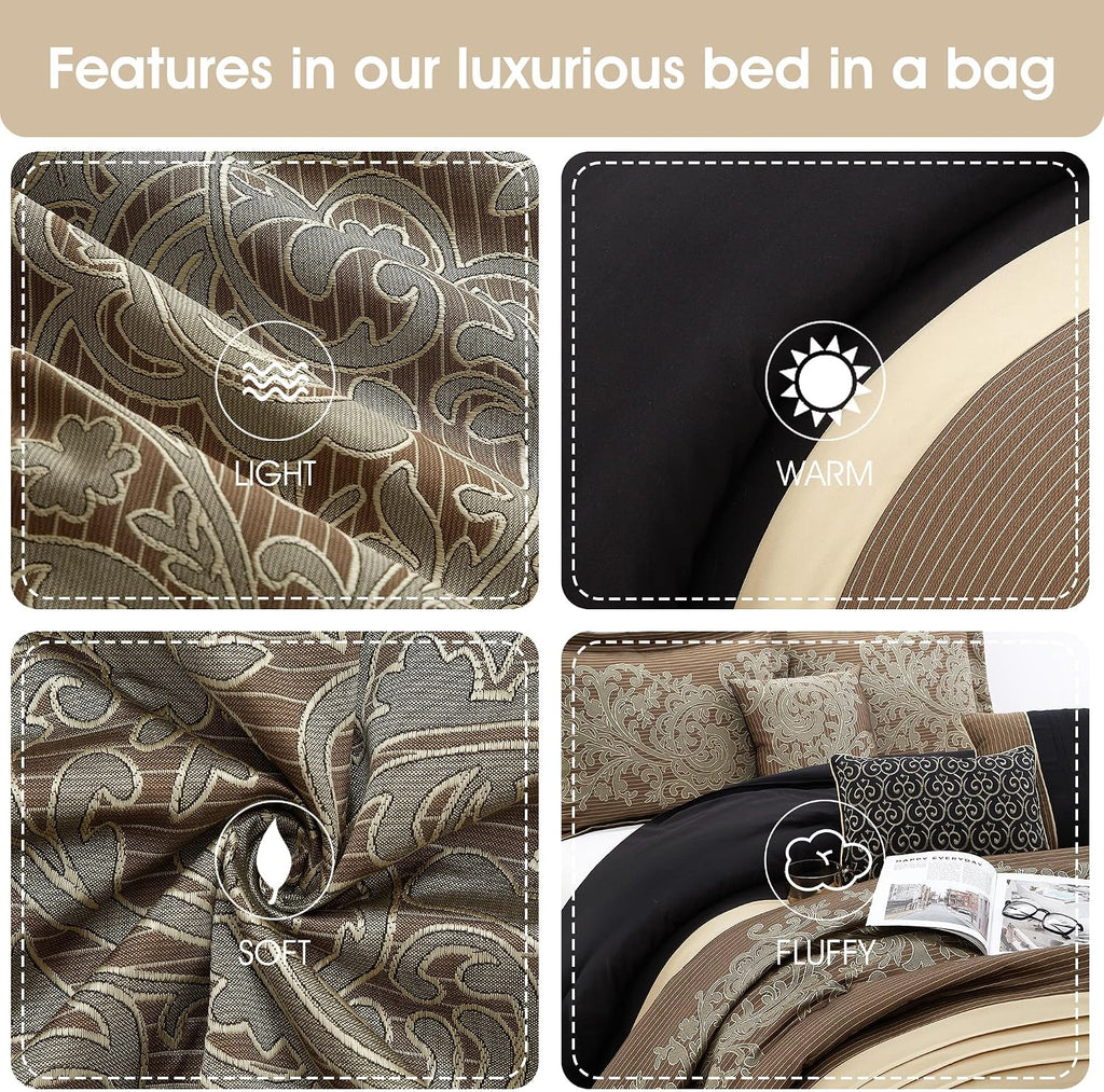Grand Avenue Black/Gold Cal King Comforter Set, 7 Piece, Bedding Sets & Collections, Pillow Shams Bedskirt, Jacquard Comforters, All Season