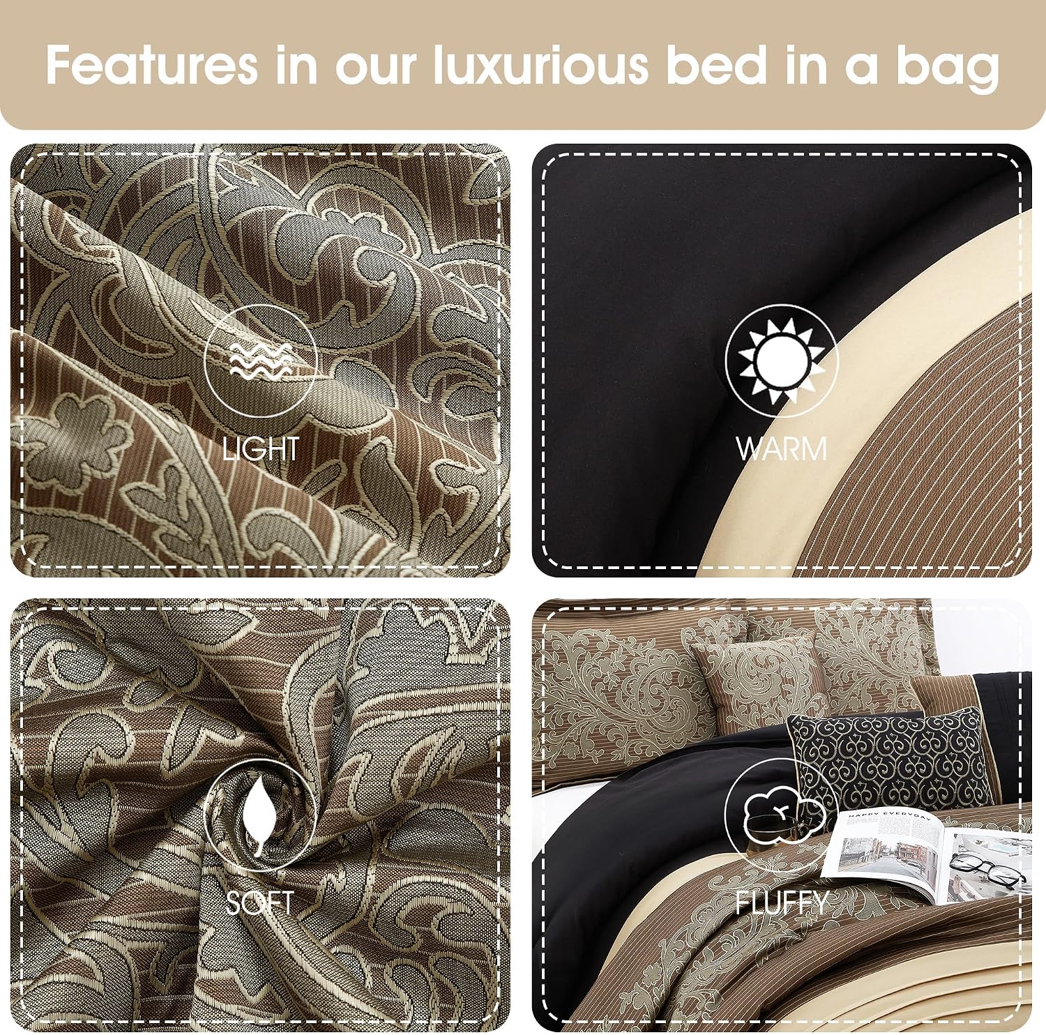 Grand Avenue Black/Gold Cal King Comforter Set, 7 Piece, Bedding Sets & Collections, Pillow Shams Bedskirt, Jacquard Comforters, All Season