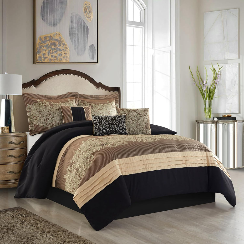 Stratford Park Black/Gold Comforter Set Queen Size, 7 Piece, Bedding Comforters & Sets, Pillow Shams Bedskirt, Jacquard Bedding Set, All Season