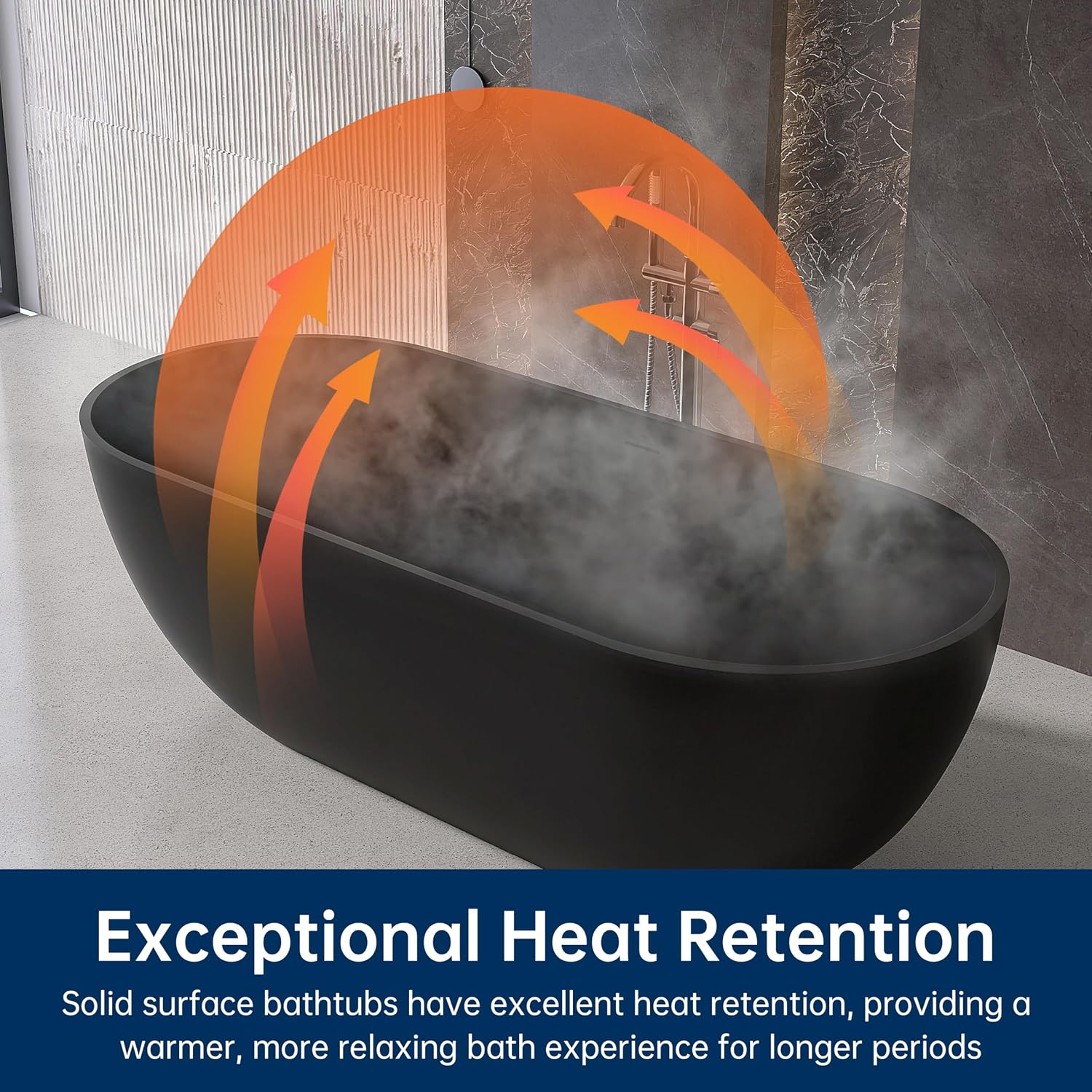69' Stone Resin Freestanding Bathtub, Oval Solid Surface Bathroom Freestanding Tub, Thin Edge Stand Alone Tub with Integrated Slotted Overflow and Pop-up Drain, Matte Black AFS307-1750
