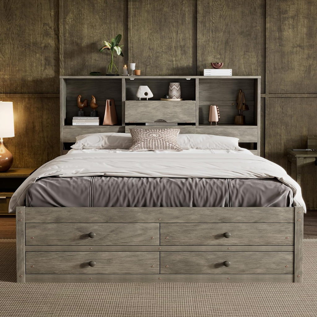 Queen Size Platform Bed with Storage Headboard, Solid Wood Platform Bed Captain's Bed Frame with 8 Drawers, Sturdy Slats Support, Maximize Space, Grey-8r
