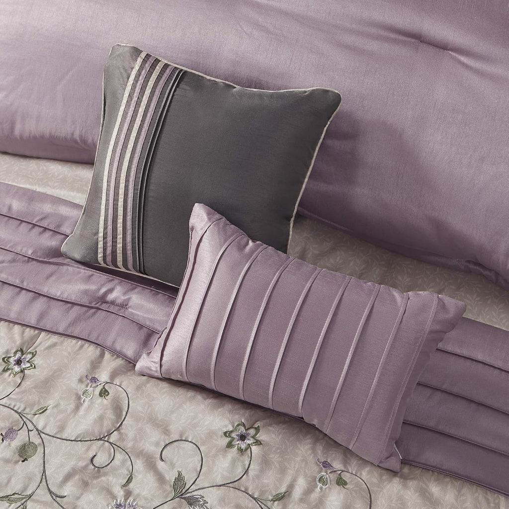 Madison Park Serene Faux Silk Comforter Set - Floral Embroidery Design, All Season Bedding Set, Matching Bed Skirt, Decorative Pillows, Purple Queen(90'x90') 7 Piece