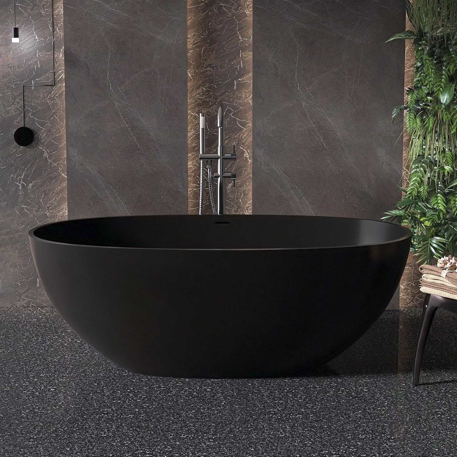 61' Stone Resin Freestanding Bathtub, Oval Solid Surface Bathroom Freestanding Tub, Thin Edge Stand Alone Tub with Integrated Slotted Overflow and Pop-up Drain, Matte Black 303-1550