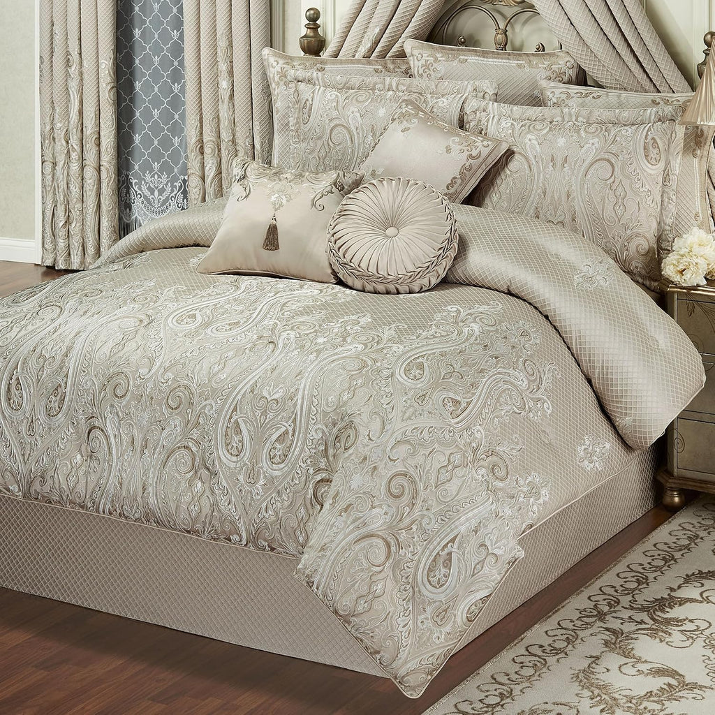 Lunata Classic Luxury Bedding | Chic Neutral Color Palette | Fine Jacquard-Woven Scrollwork and Diamonds | 4 Piece Bed Set includes Oversized California King Comforter, Bedskirt, and 2 King Shams