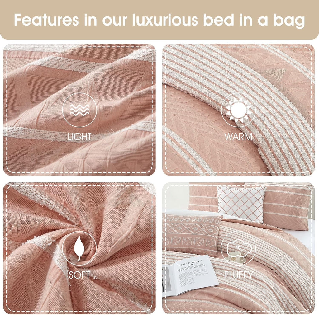 Grand Avenue Cotton Queen Size Comforter Set, 6 Piece, Blush Geometric Jacquard Bedding Set, Bedskirt, Pillows & Shams, Home Decor