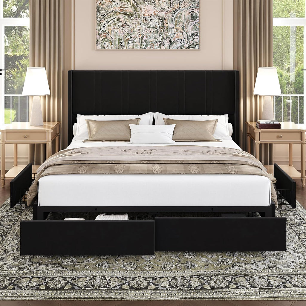 BRELTAM Queen Size Bed Frame with 4 Storage Drawers Velvet Upholstered Platform Bed with Wingback Headboard, No Box Spring Needed, Easy Assembly, Black
