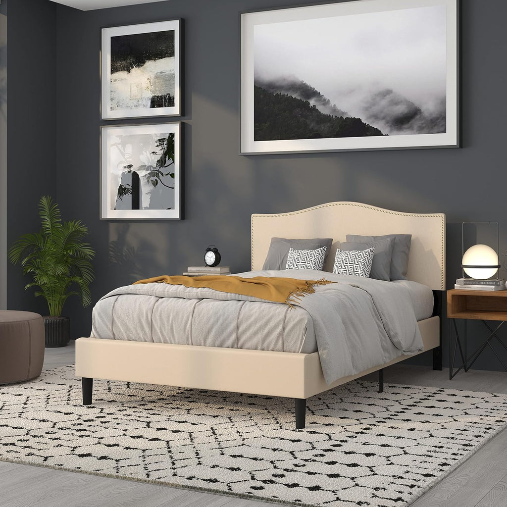 Flash Furniture Lexington Upholstered Full Size Headboard with Accent Nail Trim in Beige Fabric