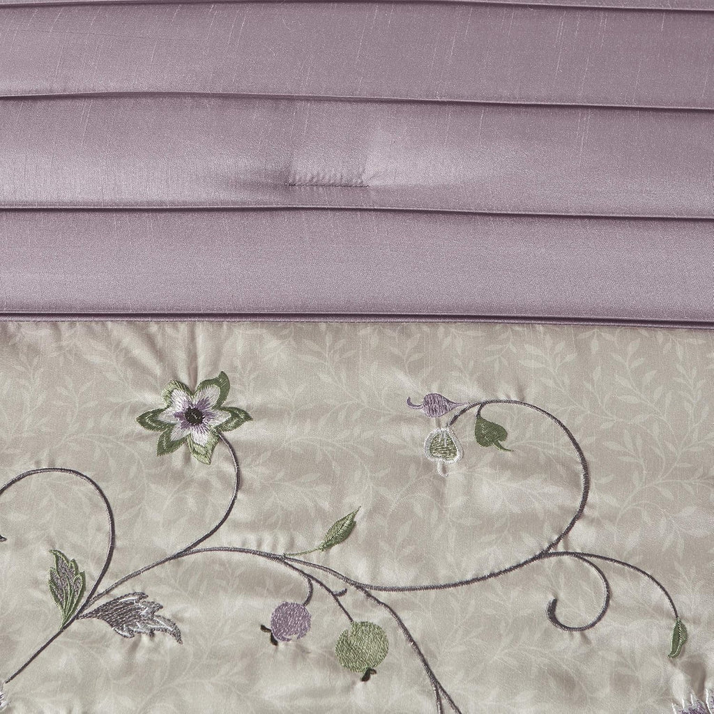 Madison Park Serene Faux Silk Comforter Set - Floral Embroidery Design, All Season Bedding Set, Matching Bed Skirt, Decorative Pillows, Purple Queen(90'x90') 7 Piece