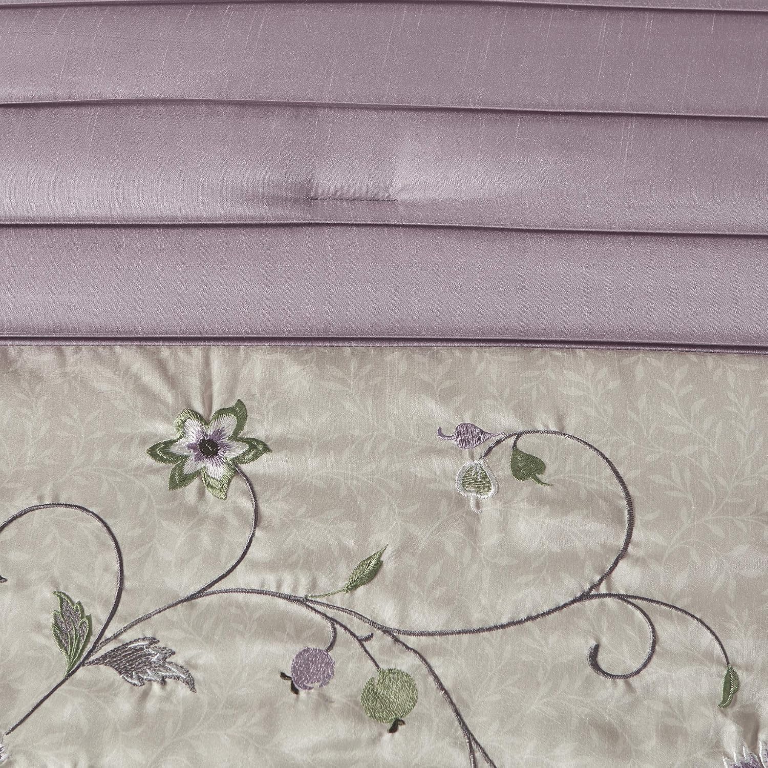 Madison Park Serene Faux Silk Comforter Set - Floral Embroidery Design, All Season Bedding Set, Matching Bed Skirt, Decorative Pillows, Purple Queen(90'x90') 7 Piece