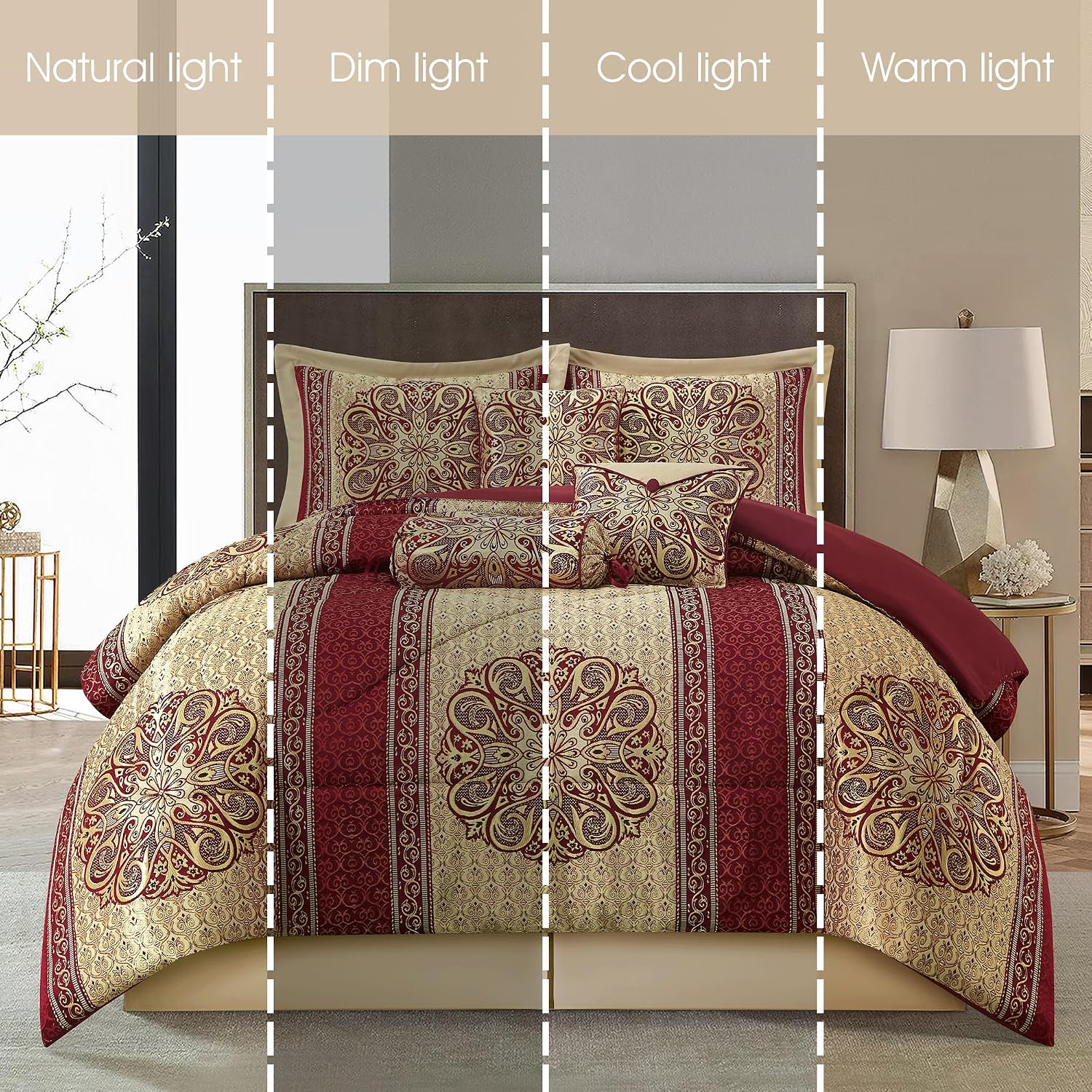 Grand Avenue Wine Gold Jacquard Comforter Set, Size Cal King, 7 Piece, Burgundy Home Decor, Premium Cozy, Matching Bedskirt, Decorative Pillows & Shams. All Season Luxurious Bedding Set