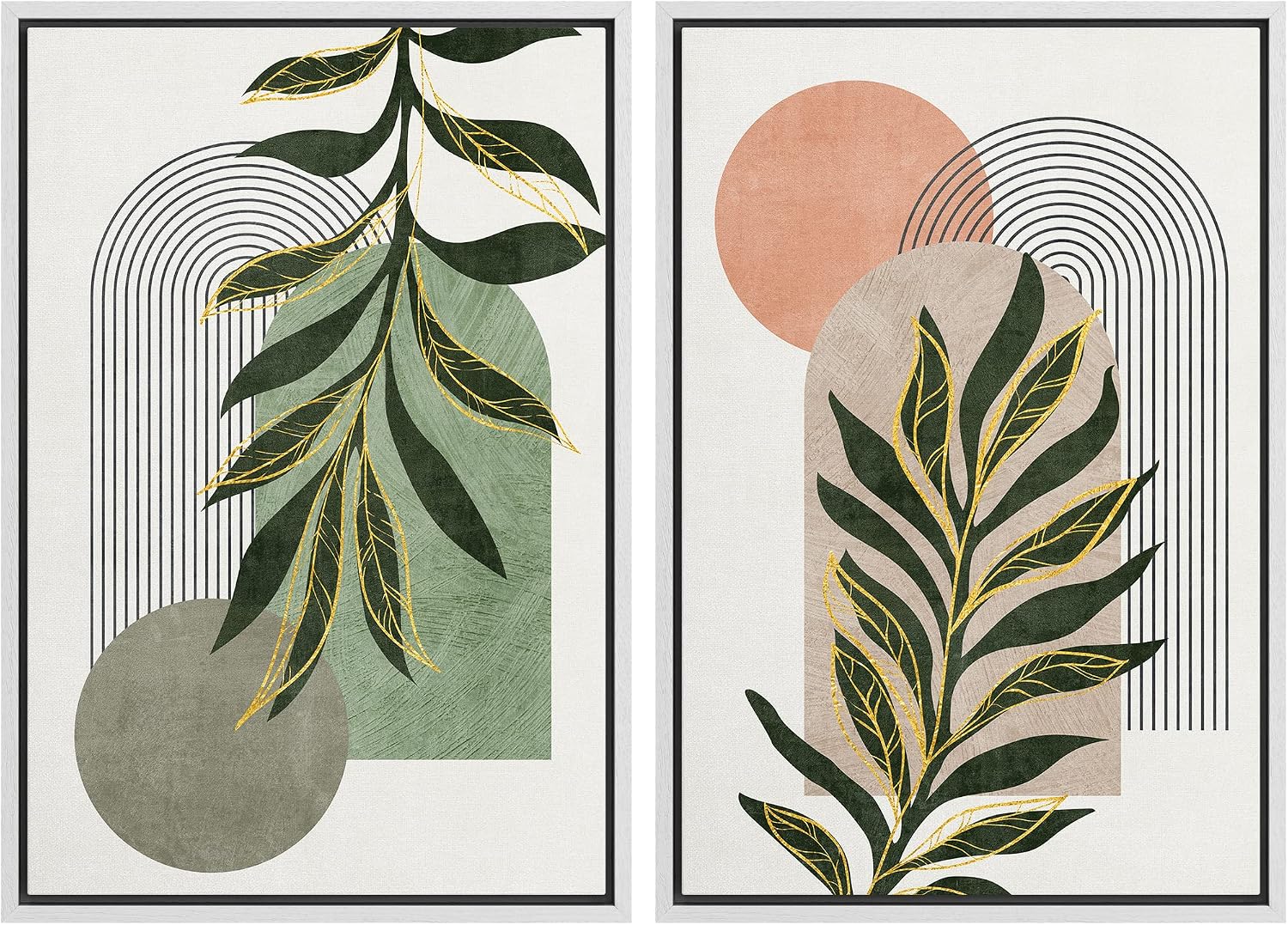 SIGNFORD Framed Canvas Print Wall Art Set Jungle Palm Leaf Geometric Polygons Abstract Shapes Illustration Modern Art Decorative Nordic Nature for Living Room, Bedroom, Office - 24'x36'x2 White