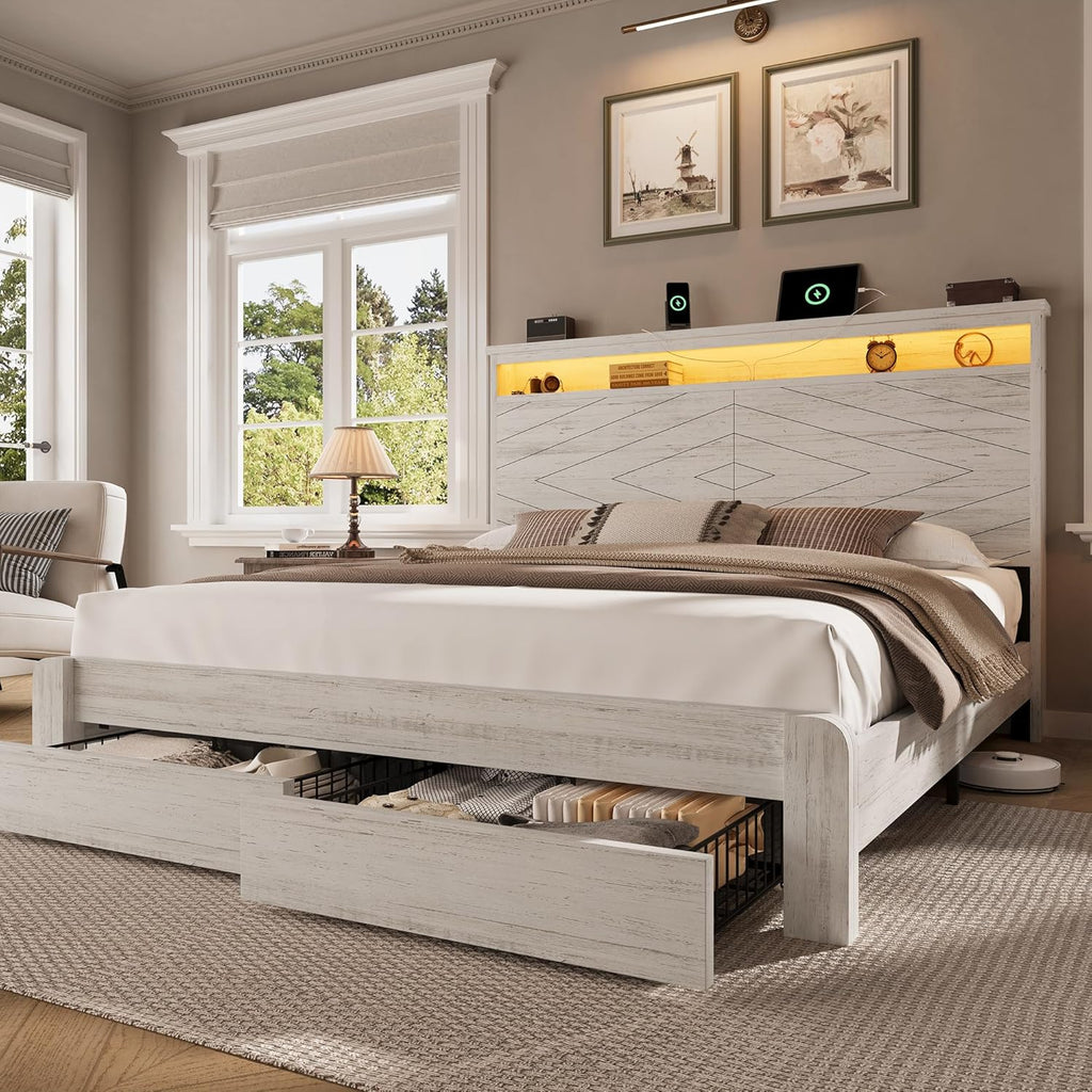LARMACE King Size Bed Frame with 2 Storage Drawers and Headboard Wooden Platform Bed Frame with LED Lights and Charging Station Easy Assembly/No Box Spring Needed/White
