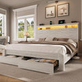 LARMACE King Size Bed Frame with 2 Storage Drawers and Headboard Wooden Platform Bed Frame with LED Lights and Charging Station Easy Assembly/No Box Spring Needed/White