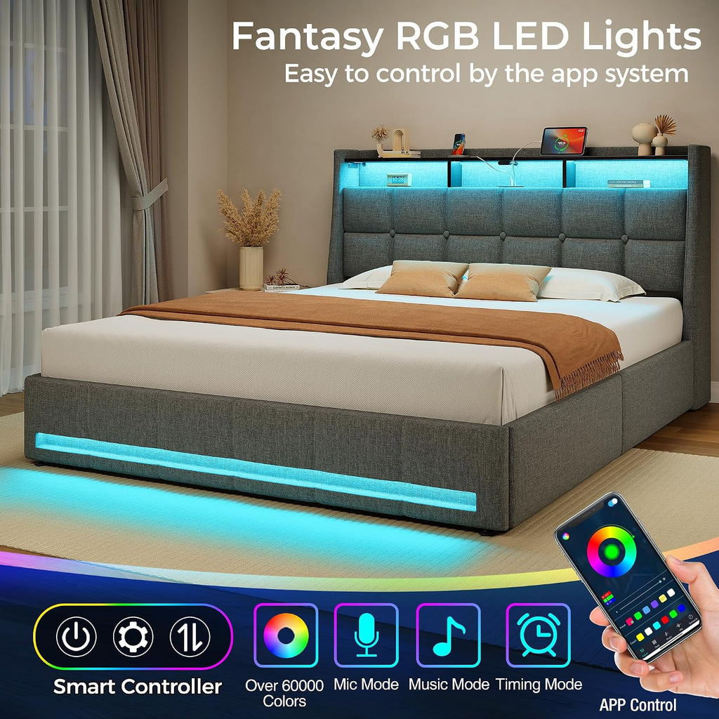 Rolanstar Queen Size Bed Frame with RGB LED Lights & Charging Station, Upholstered Storage Headboard with 4 Drawers, Heavy Duty Metal Frame, No Box Spring Needed, Easy Assembly