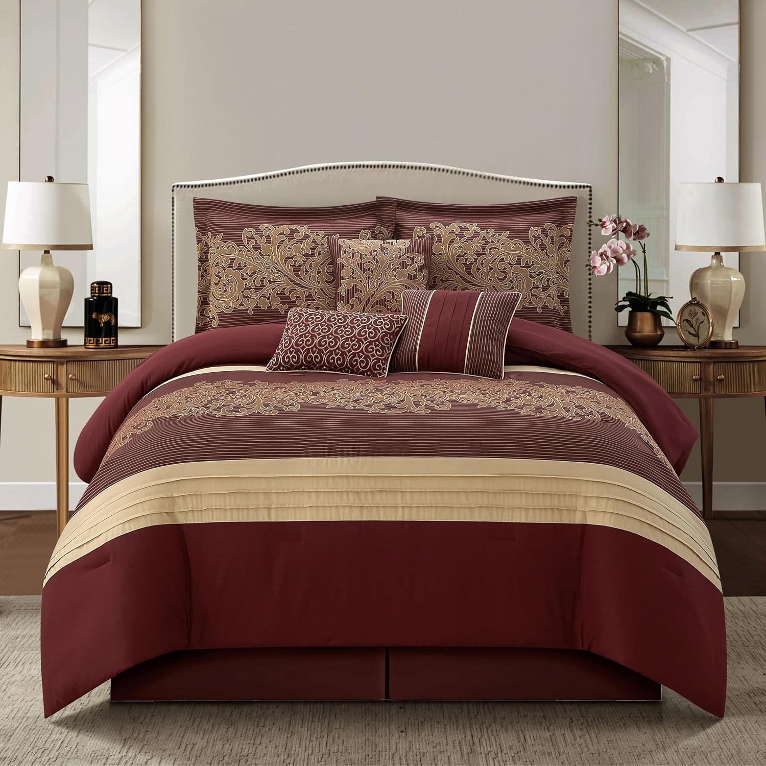 Grand Avenue Geometric Red and Gold Comforter Set California King Size, 7 Piece Jacquard Bedding Set, Ultra-Soft, Bedskirt, Pillows & Shams