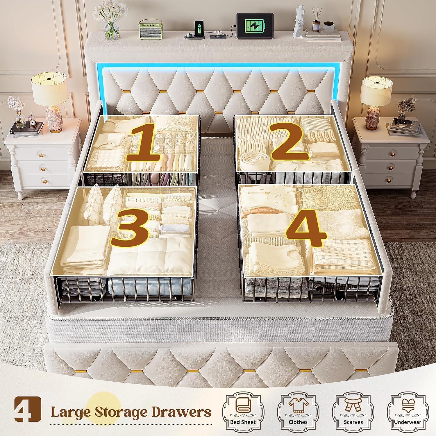 Homkdom Queen Bed Frame with 4 Storage Drawers & Adjustable Tall Headboard,Soft Velvet Bed Frame Queen Size with Smart LED Lights & Charging Station,1100LB-Heavy Duty Metal Support, Modern,Beige