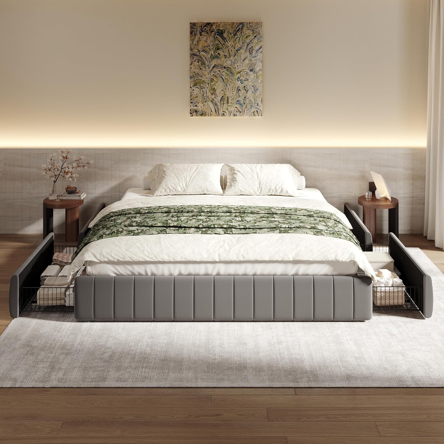 SHA CERLIN King Size Velvet Upholstered Platform Bed Frame with 4 Storage Drawers, Vertical Channel Tufted, Low Profile, Fits Standard Headboards, Wooden Slats Support, Easy Assembly, Grey