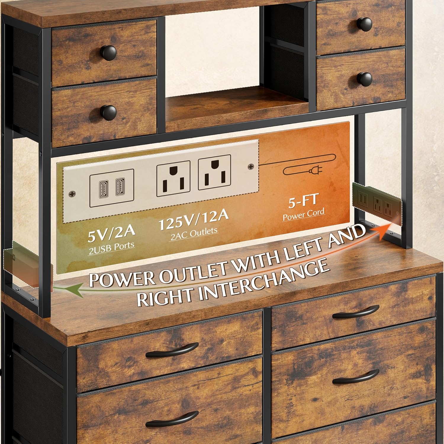 EnHomee 62.8' H Dresser for Bedroom with Multiple Drawers,Fabric Dresser with Charging Station and LED Lights,Dressers & Chests of Drawers for Bedroom, Steel Frame & Wooden Top,Rustic Brown