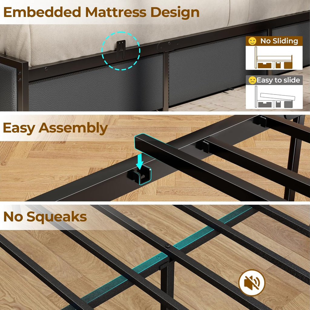 Forestell Full Size Bed Frame with Headboard 2-Tier Storage, PU Leather Upholstered Platform Bed Frame Full with 6 Storage Drawers, Charging Station and LED Lights, No Box Spring Needed, Noise Free