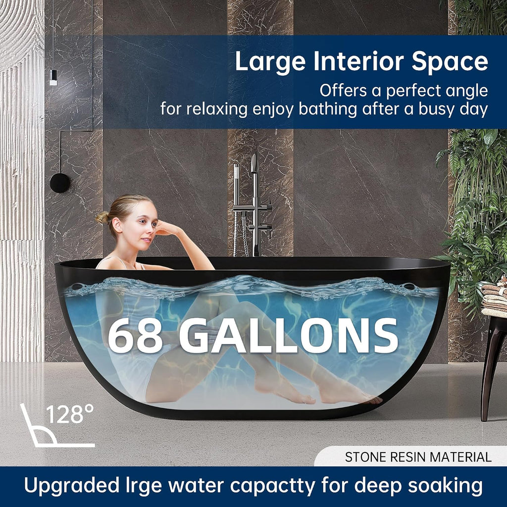 59'' Resin Stone Freestanding Bathtub, Matte Black Soaking Tub Solid Surface Modern Tubs with Overflow and Pop-up Drain in