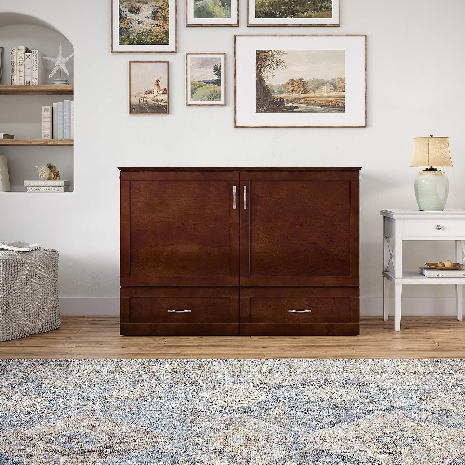 AFI Hamilton Full Murphy Bed Chest with Mattress, Storage, and Built-in Charger in Walnut