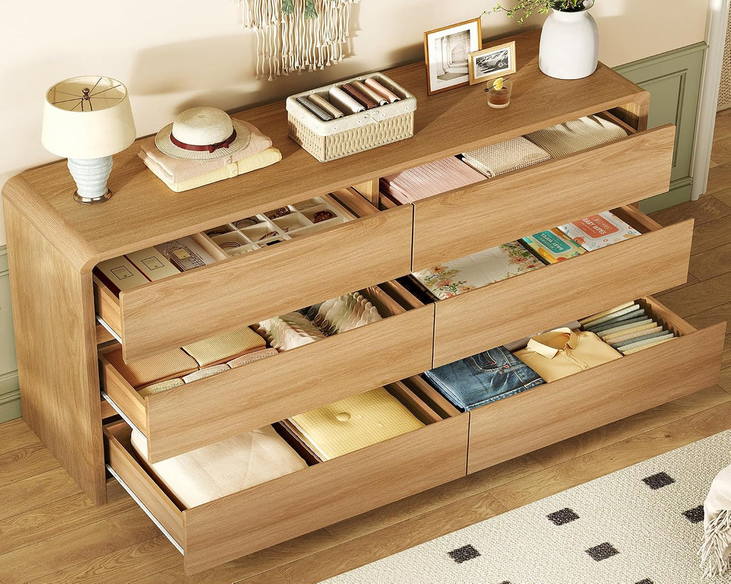 TEENFON 55' Dresser for Bedroom with 6 Drawers, Dressers & Chests of Drawers with Curved Profile Design, 6 Drawer Dresser, Bedroom Dressers, Wood Dressers for Bedroom, Hallway, Natural