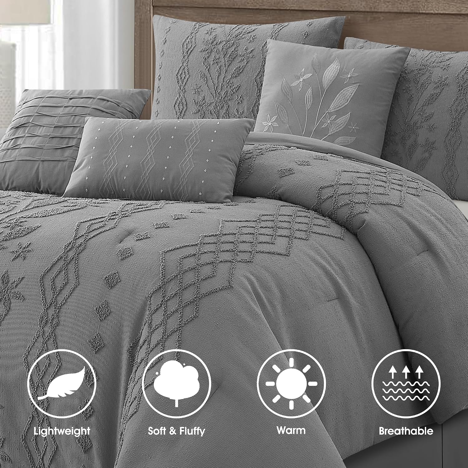 LANCO MODERN LIFESTYLE Grey Comforter Set, Queen Size, 7 Pieces Jacquard Boho Bedding Set for All Seasons, Ultra Soft and Fluffy, Matching Pilllow Shams, Bedskirt and Decor Pillows