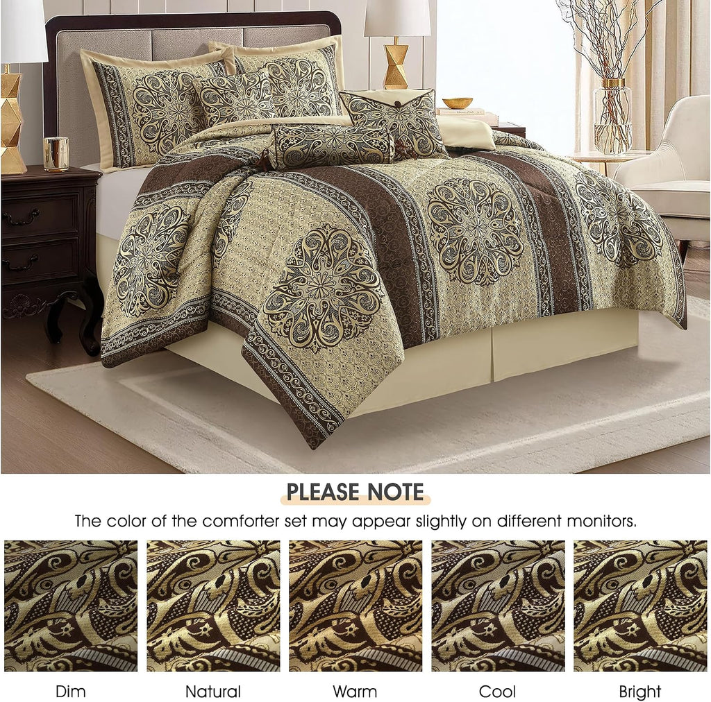 LANCO MODERN LIFESTYLE Queen Comforter Set, Brown Medallion Jacquard Design, Luxurious Bohemian 7 Pieces Bedding Set with Decorative Pillows and Bed Skirt