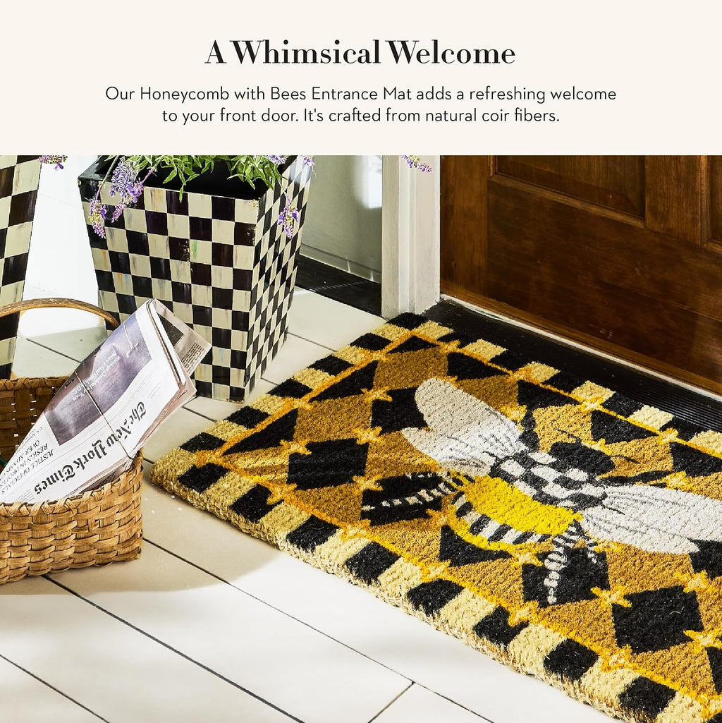 MACKENZIE-CHILDS Entrance Mat, Decorative Outdoor Coir Doormat, Honeycomb with Bees, Black, 24' x 36'