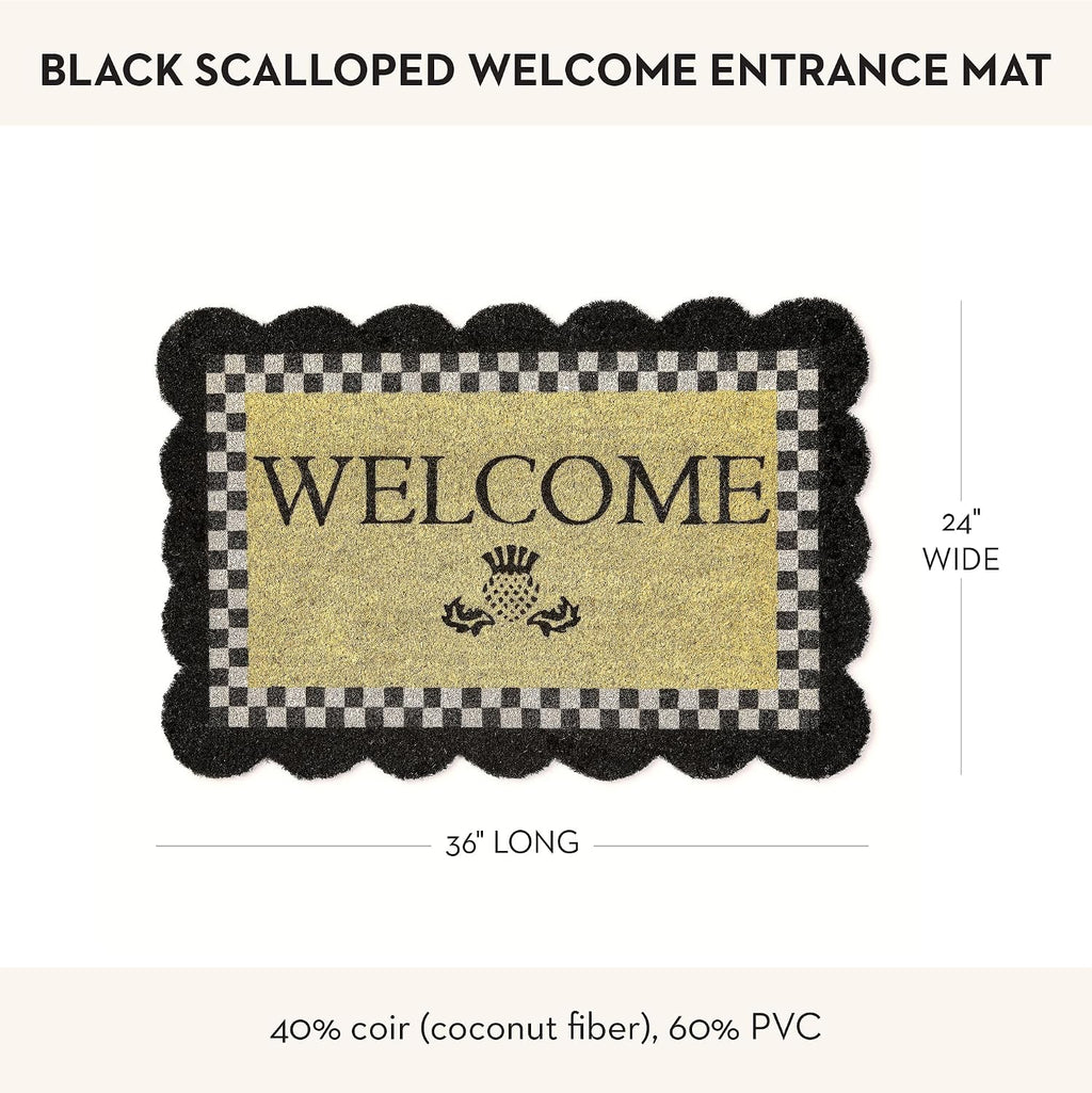 MACKENZIE-CHILDS Entrance Mat, Decorative Outdoor Front Door Mat, Coir Door Mat, Welcome, 24' x 36', Black Check with Scalloped Edge