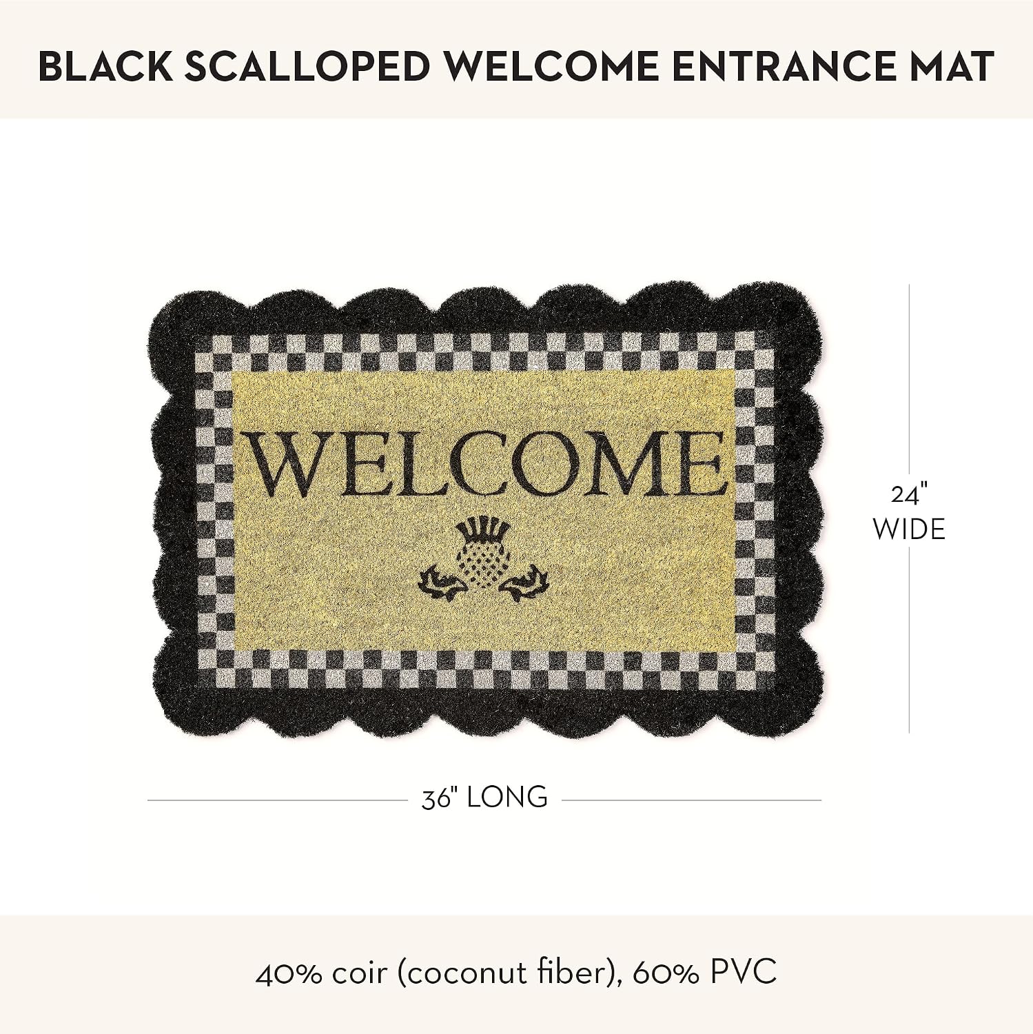 MACKENZIE-CHILDS Entrance Mat, Decorative Outdoor Front Door Mat, Coir Door Mat, Welcome, 24' x 36', Black Check with Scalloped Edge