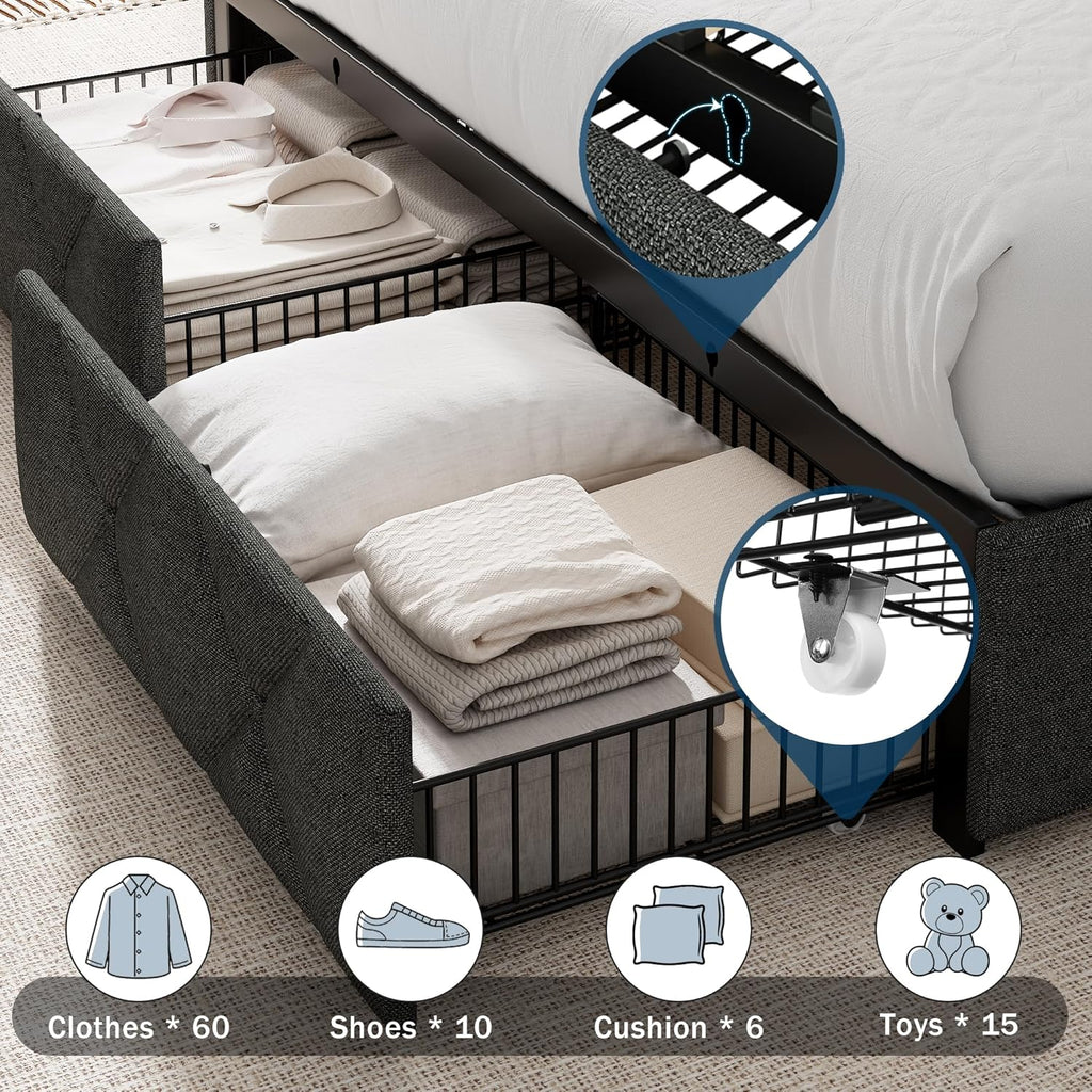 GalnFu Queen Bed Frame with 4 Storage Drawers, Upholstered Platform Bed with Charging Station, Modern Wingback Storage Headboard, Easy Assembly,Noise-Free, Dark Gray