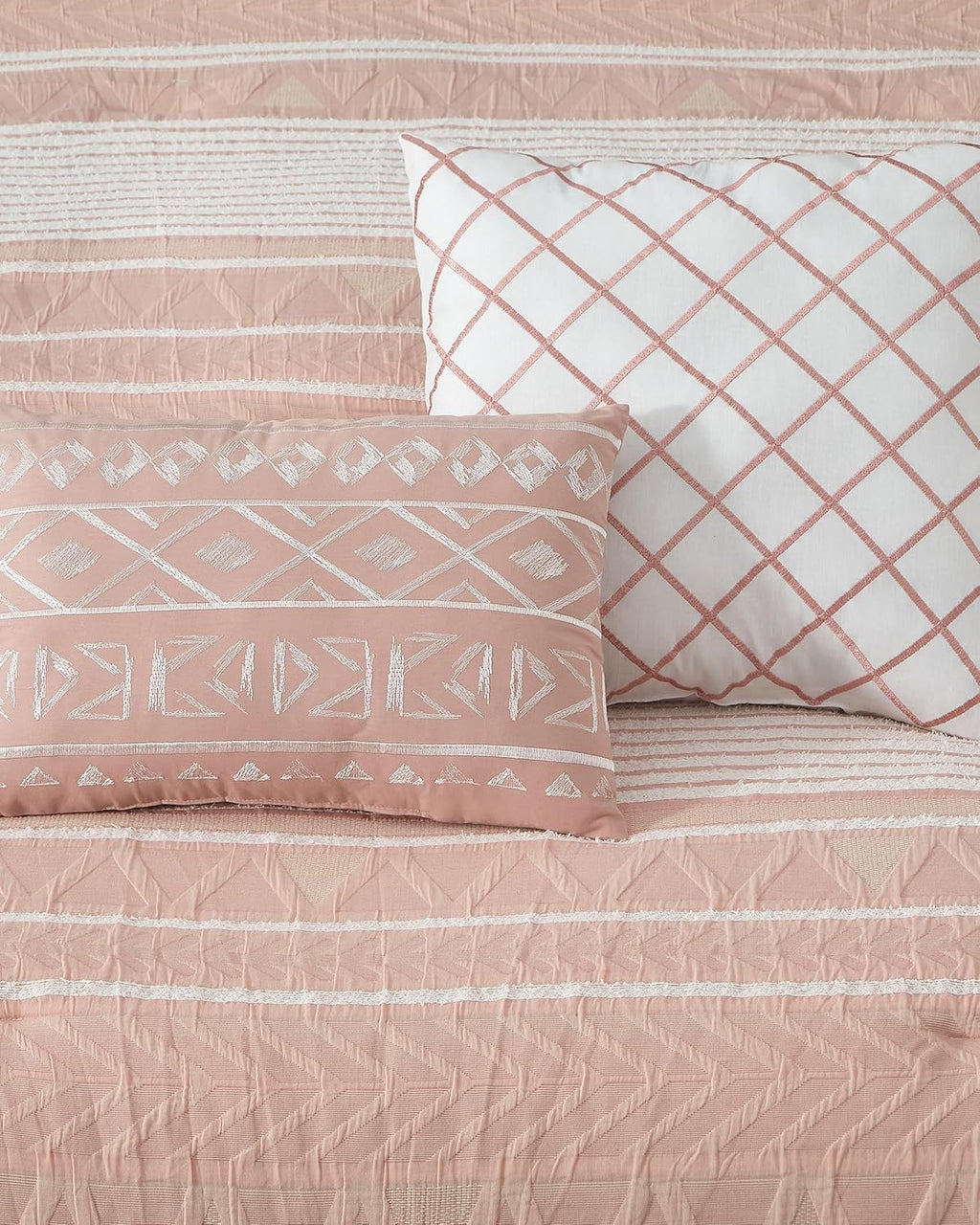 LANCO MODERN LIFESTYLE Cotton Comforter Set California King, Gorgeous Geometric Jacquard, Blush Soft Lightweight Bedding Set for All Seasons, Bedskirt, Pillow Shams and Decor Pillows