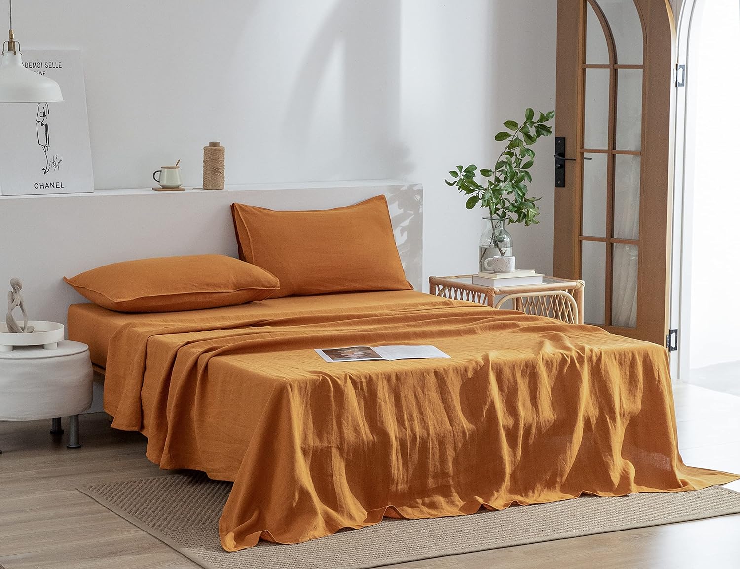 EVERLY Linen Sheets Set Queen Size,100% French Stonewash Pure Linen Sheets Set,4Pieces (1Flat Sheet,1Fitted Sheet,2Pillowcase) Suitable for Hot Sleepers,Deep Pocket Natural Bedding Set-Caramel-Queen