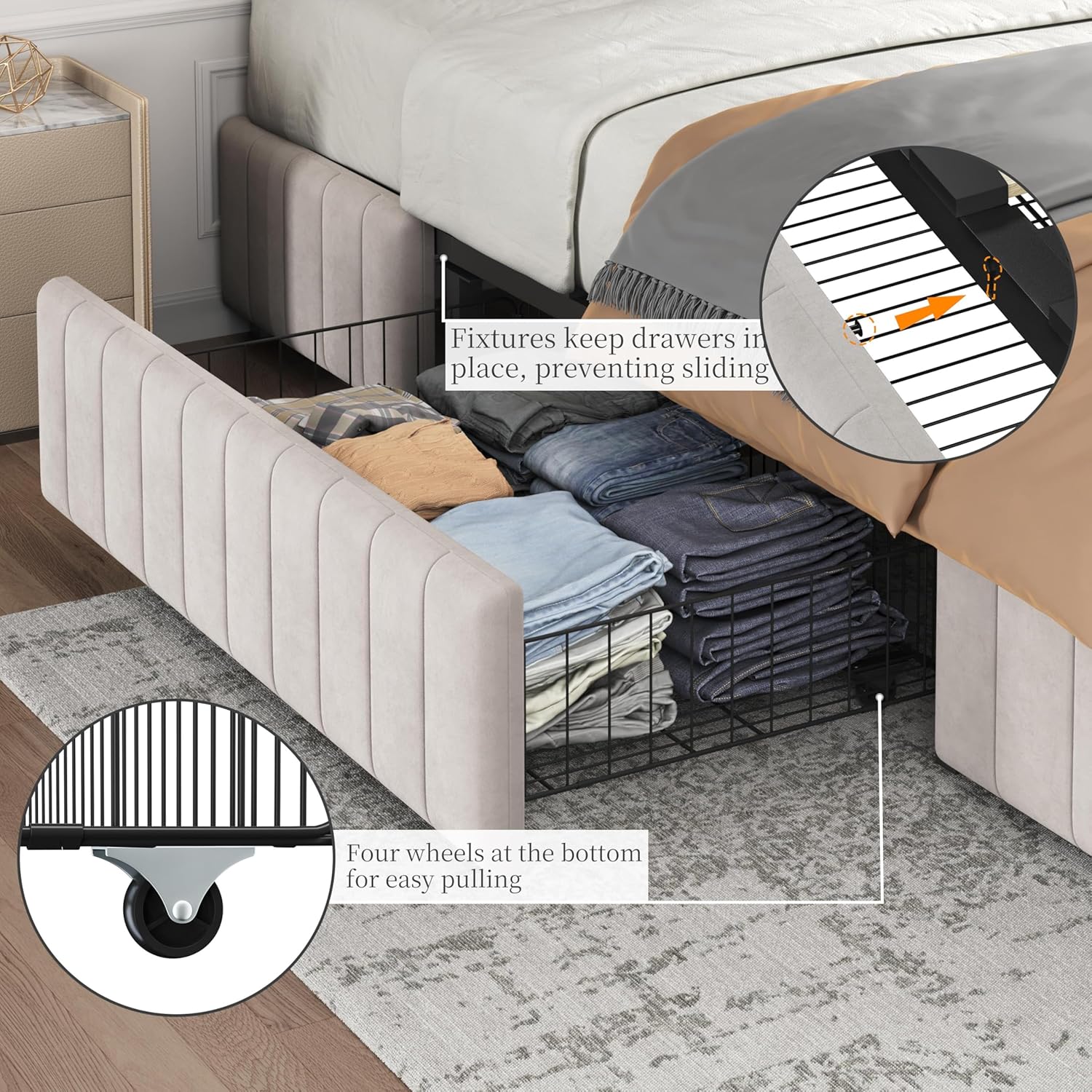 Yaheetech Full Bed Frame Upholstered Platform Bed with 3 Storage Drawers, Large Storage Space/Strong Wooden Slats/Non-Slip and Noise-Free/No Fixed Headboard/No Box Spring Needed/Beige Full Bed