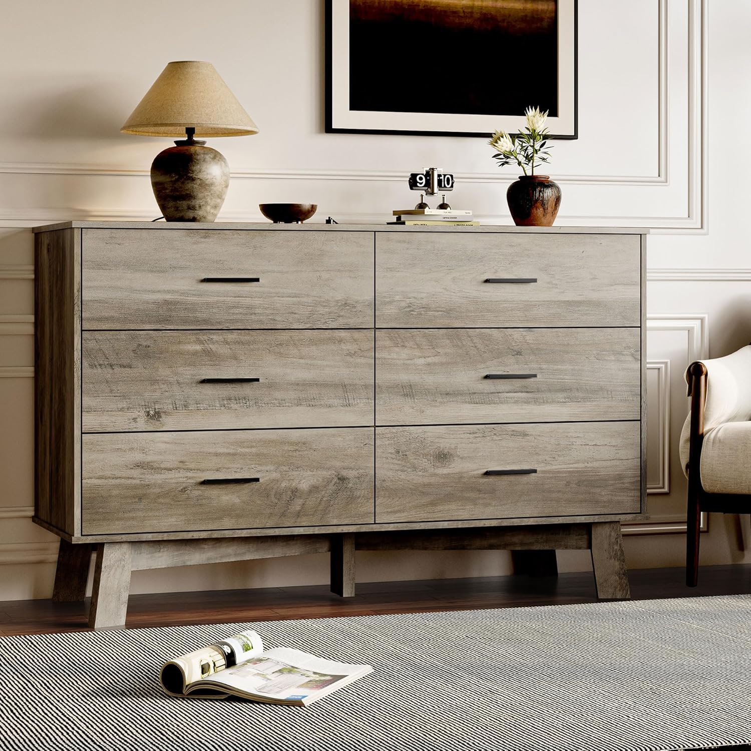 BORNOON Dresser for Bedroom with 6-Drawer, 47.2' Modern Chest of Drawers with Metal Handles, X-Shape Base & Adjustable Center Leg, Anti-Tip Closet Organizers and Storage